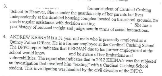 A state DPPC report said that Keenan knew the woman from his previous job at Cardinal Cushing, and that he was “aware of her limitations and vulnerabilities.”