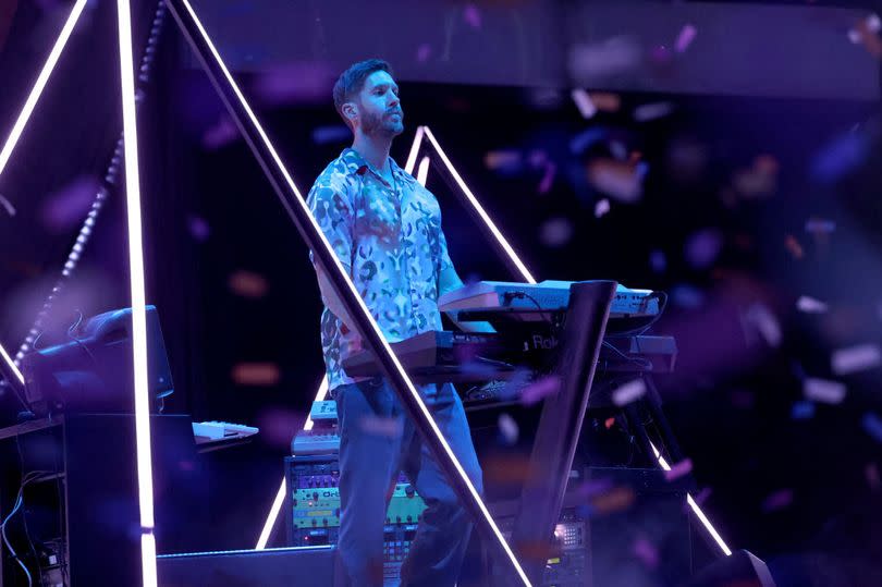 LONDON, ENGLAND - MARCH 02: Calvin Harris performs onstage during the BRIT Awards 2024 at The O2 Arena on March 02, 2024 in London, England. (Photo by JMEnternational/Getty Images)