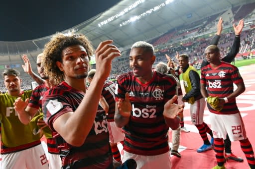 Flamengo players celebrate after beating Al Hilal 3-1 in their Club World Cup semi-final
