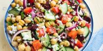 <p>This vibrant salad recipe uses canned <a href="https://www.delish.com/cooking/recipe-ideas/g40692357/chickpea-recipes/" rel="nofollow noopener" target="_blank" data-ylk="slk:chickpeas;elm:context_link;itc:0;sec:content-canvas" class="link ">chickpeas</a>, meaning it comes together in less than 30 minutes. 😎 Our lemon-parsley vinaigrette here is perfectly tart and fresh with a hint of spice, and you're going to want to put it on <em>everything</em>.</p><p>Get the <strong><a href="https://www.delish.com/cooking/recipe-ideas/a19885314/mediterranean-chickpea-salad-recipe/" rel="nofollow noopener" target="_blank" data-ylk="slk:Mediterranean Chickpea Salad recipe;elm:context_link;itc:0;sec:content-canvas" class="link ">Mediterranean Chickpea Salad recipe</a></strong>.</p>