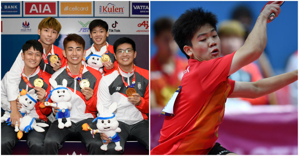 Singapore's all-local-born men's paddlers (left) clinched the team gold, with 16-year-old Izaac Quek (right) earning the winning point against Malaysia. (PHOTOS: SportSG/Alfie Lee)