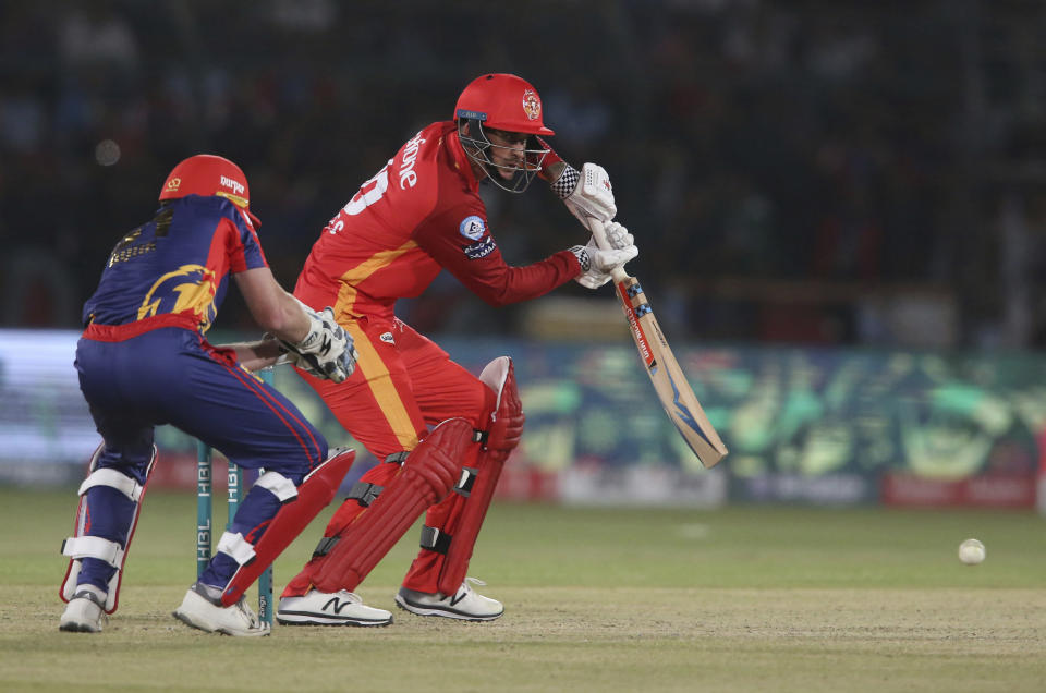 Alex Hales of Islamabad United hits during a match against Karachi Kings, in the Pakistan Super League playoff at National Stadium in Karachi, Pakistan, Thursday, March 14, 2019. (AP Photo/Fareed Khan)