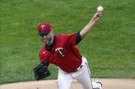 Minnesota Twins' pitcher J.A. Happ throws against the Chicago White Sox in the first inning of a baseball game, Monday, May 17, 2021, in Minneapolis. (AP Photo/Jim Mone)