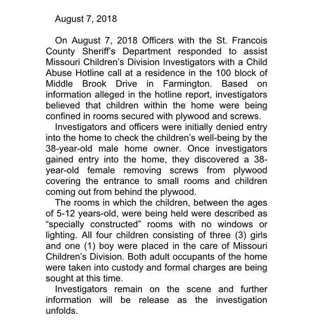 A press release from the St. Francois County Sheriff's Department regarding what investigators found in the home. 