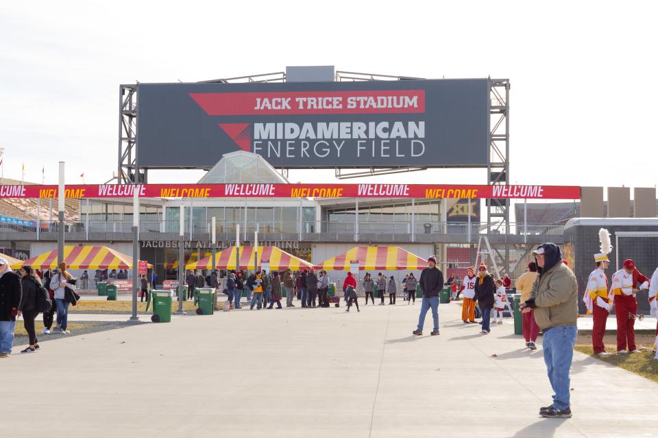 Fans gather outside Jack Trice Stadium before last season's game against TCU. Next season's schedule includes a Thursday night game against Oklahoma.