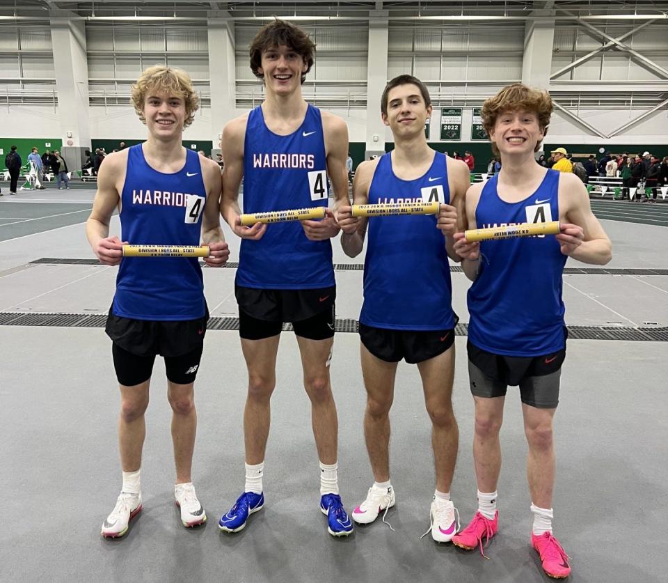 The Winnacunnet High School boys 4x200 team, left to right: Ryan Jamison, Oliver Duffy, Owen Janetos and Brady Corcoran.