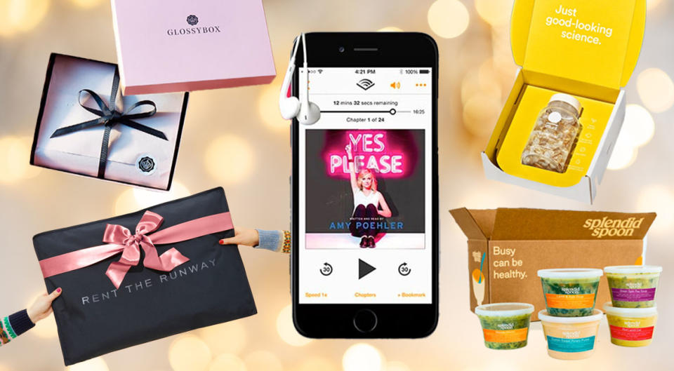 The gifts that keep on giving: subscriptions to services that deliver entertainment, beauty goodies, delicious food, and more. (Photo: Glossybox, Rent the Runway, Audible, Ritual, Splendid Spoon)
