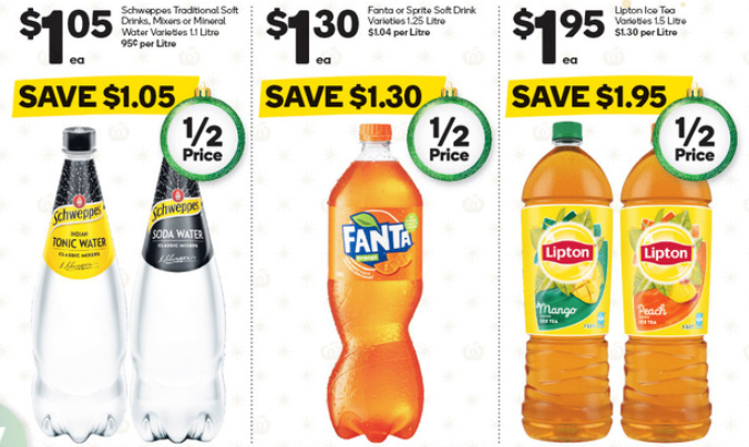 Soft drinks selling for half-price at Woolworths.