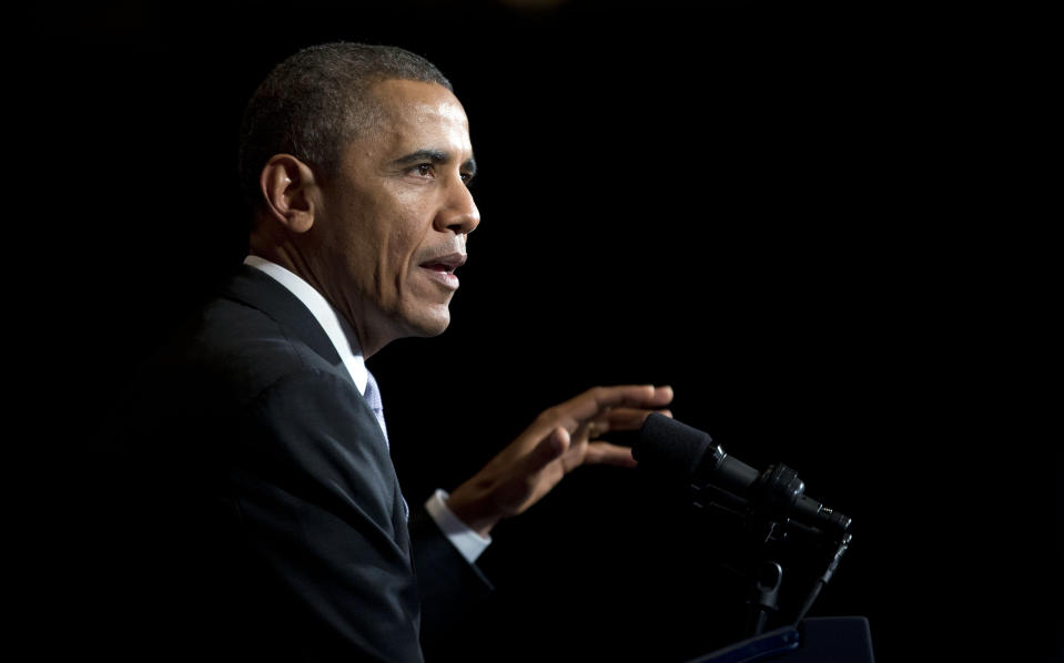 President Barack Obama speaks at the general session of the Democratic National Committee winter meeting in Washington, Friday, Feb. 28, 2014. (AP Photo/Pablo Martinez Monsivais)