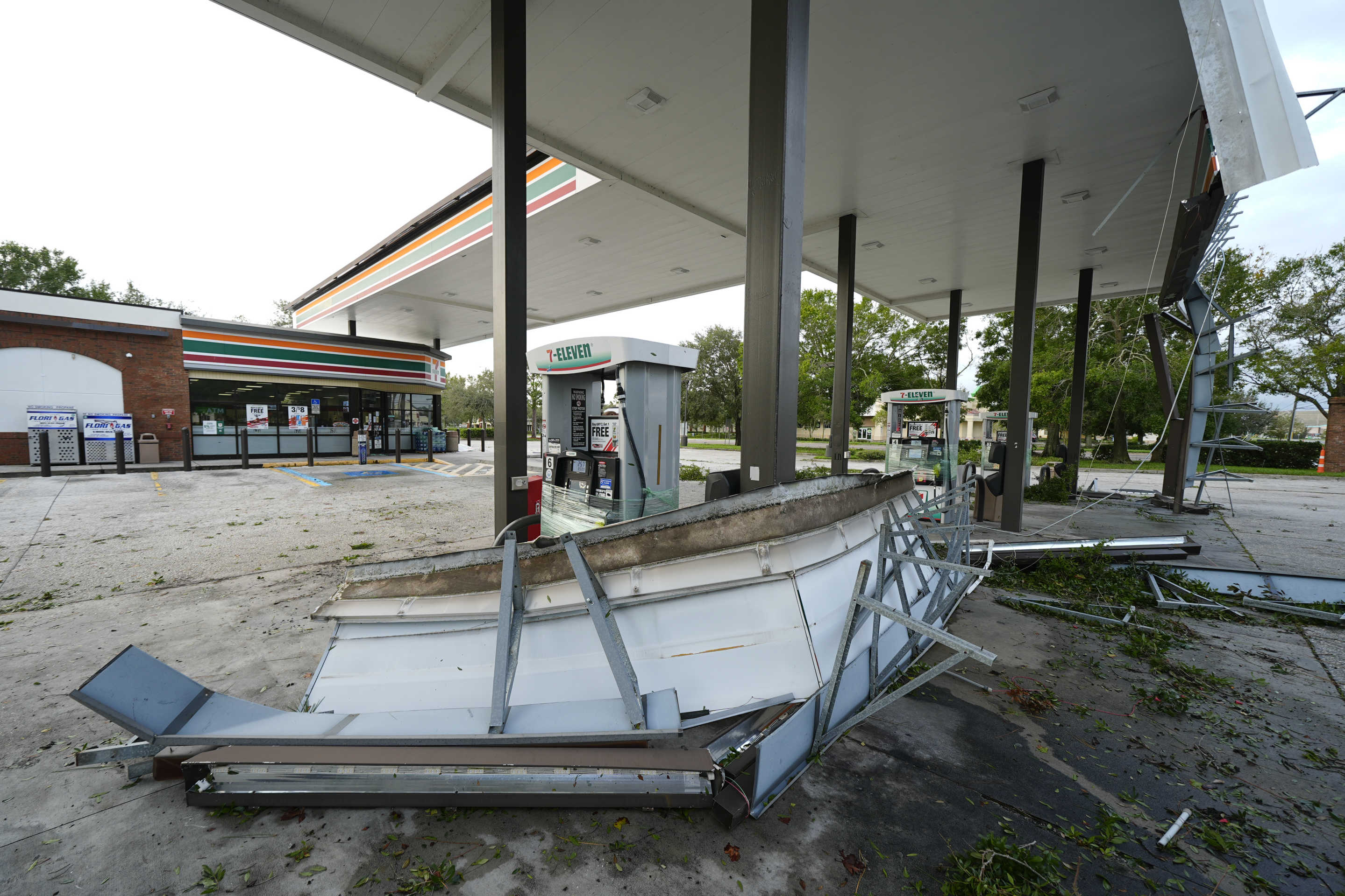 Debris and an awning of a gas station lie the morning after Hurricane Milton hit the region, Thursday, Oct. 10, 2024, in Tampa, Fla. (Julio Cortez/AP)