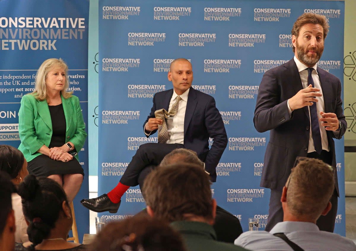 Daniel Korski, right, with his Tory mayoral rivals Susan Hall and Mozammel Hossain  (Nigel Howard)