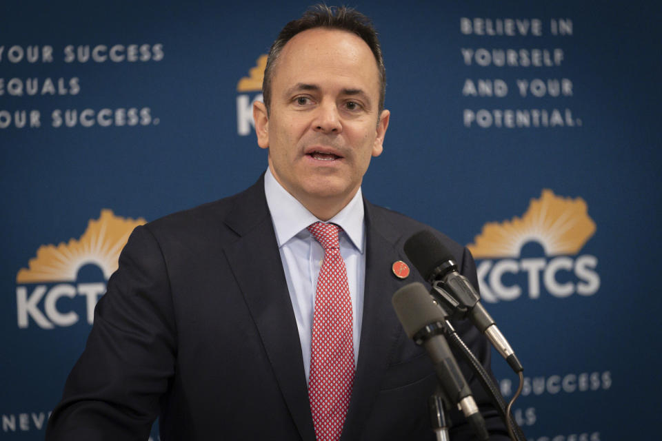 FILE - In this Feb 28, 2019, file photo, Kentucky Gov. Matt Bevin speaks in the Capitol building in Frankfort, Ky. While Democrats in Washington charge ahead with an impeachment inquiry, their party's candidates for governor in three Southern states are doing their best to steer the conversation away from Republican President Donald Trump and toward safer ground back home. In Kentucky, gubernatorial candidate Andy Beshear is locked in a close race with Bevin, a Trump loyalist with a slash-and-burn style similar to the president's. (AP Photo/Bryan Woolston, File)