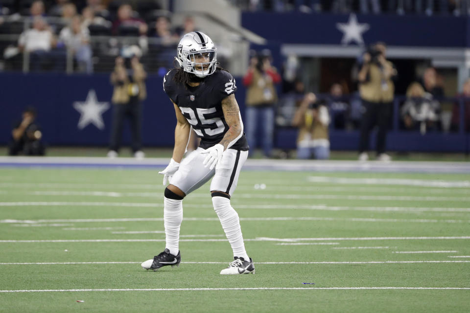 Las Vegas Raiders safety Tre’von Moehrig drops into pass coverage during the second half of an NFL football game against the <a class="link " href="https://sports.yahoo.com/nfl/teams/dallas/" data-i13n="sec:content-canvas;subsec:anchor_text;elm:context_link" data-ylk="slk:Dallas Cowboys;sec:content-canvas;subsec:anchor_text;elm:context_link;itc:0">Dallas Cowboys</a> in Arlington, Texas, Thursday, Nov. 25, 2021. (AP Photo/Roger Steinman)
