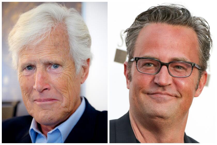 A photo of Keith Morrison in a blue suit shirt and a black blazer. A photo of Matthew Perry smiling in thin-framed glasses