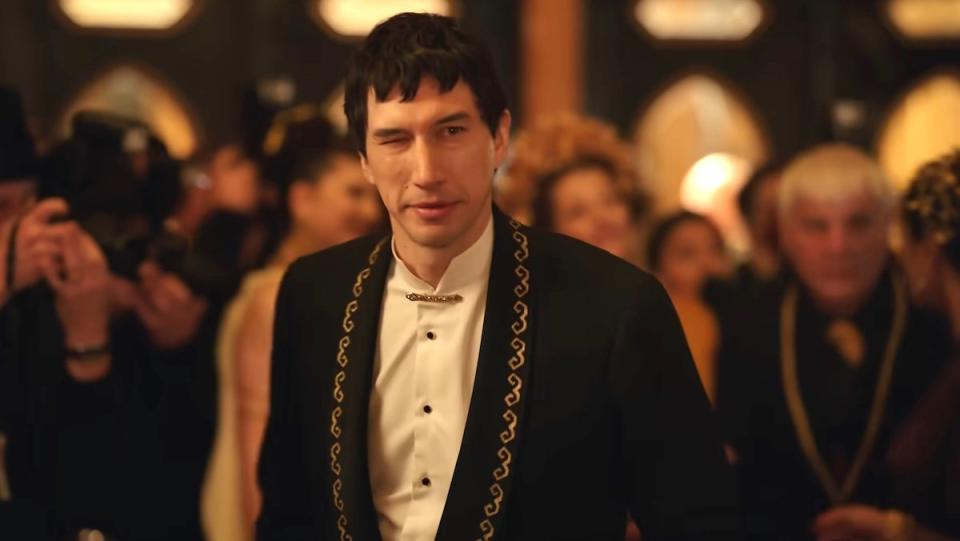 Adam Driver winks while wearing a tux in Megalopolis