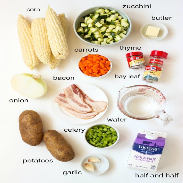 Ingredients for corn and zucchini chowder.