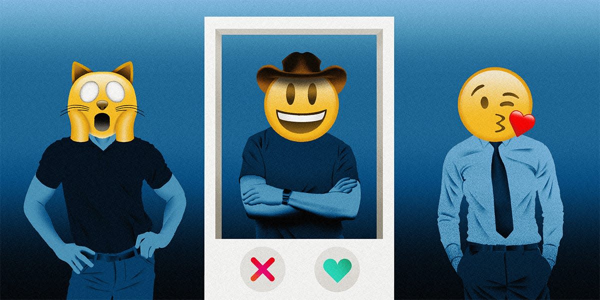 A row of men with different emoji heads in a live tinder situation