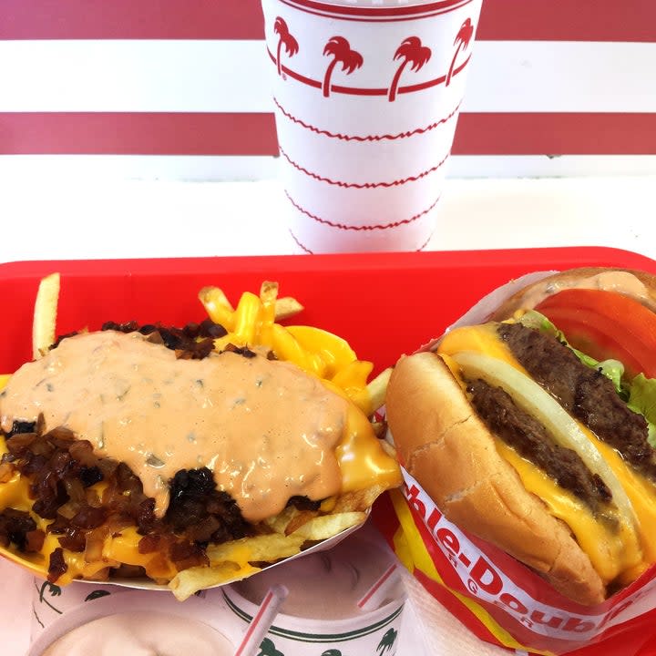Soda, Animal Style fries and burger at In-N-Out
