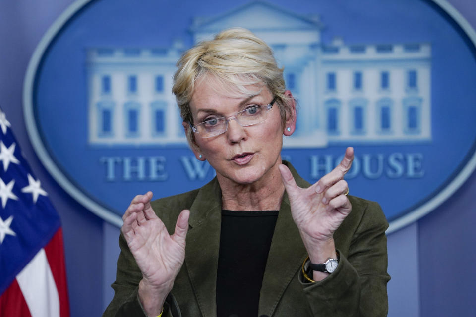 Energy Secretary Jennifer Granholm speaks during a press briefing at the White House, Tuesday, Nov. 23, 2021, in Washington. (AP Photo/Evan Vucci)