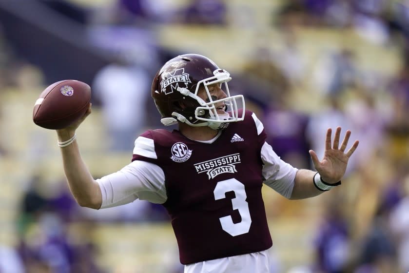 Mississippi State quarterback K.J. Costello (3) passes in the first half an NCAA college football game.