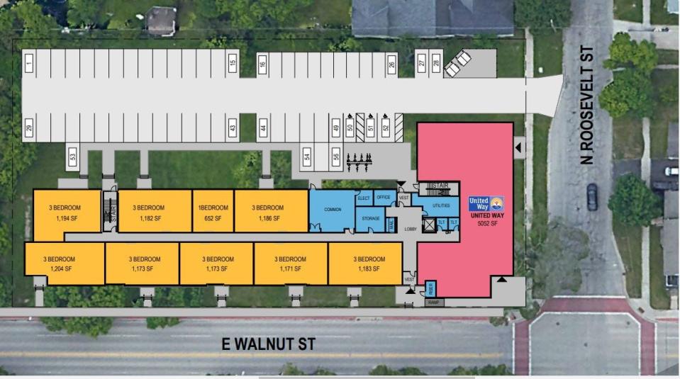 An overhead view of the first floor layout of the proposed City East apartment building in the 1100 block of East Walnut Street.