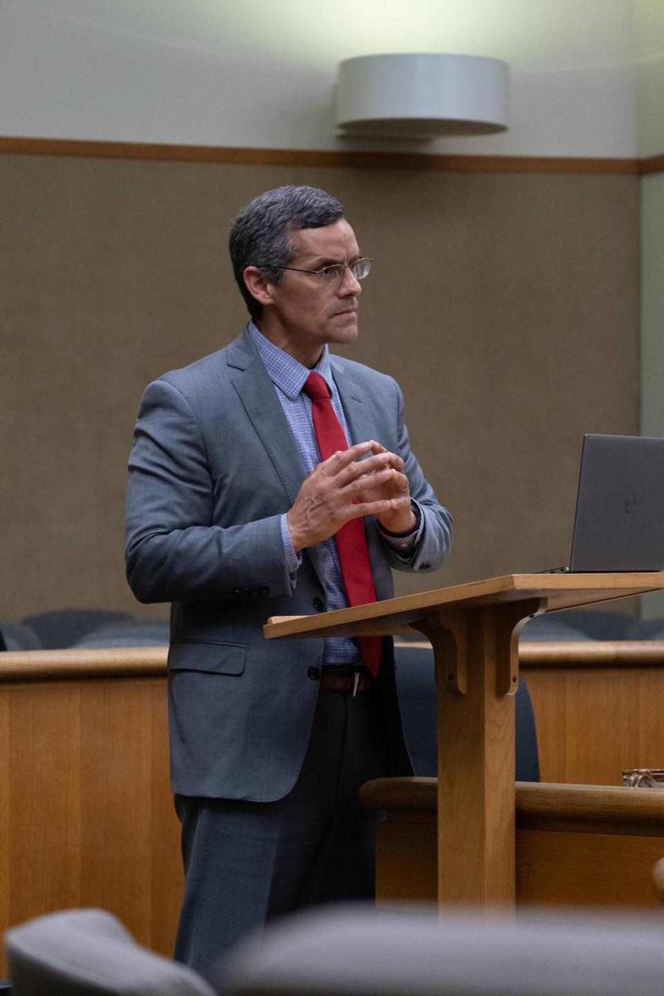 San Luis Obispo County Assistant District Attorney Eric Dobroth questions a witness in the trial against Stephen Deflaun in San Luis Obispo Superior Court on Apr. 25, 2023.