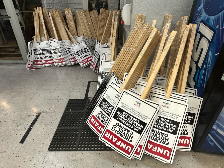 <em>Picket signs were made up by Culinary Union members on Feb. 1, 2024. (KLAS)</em>
