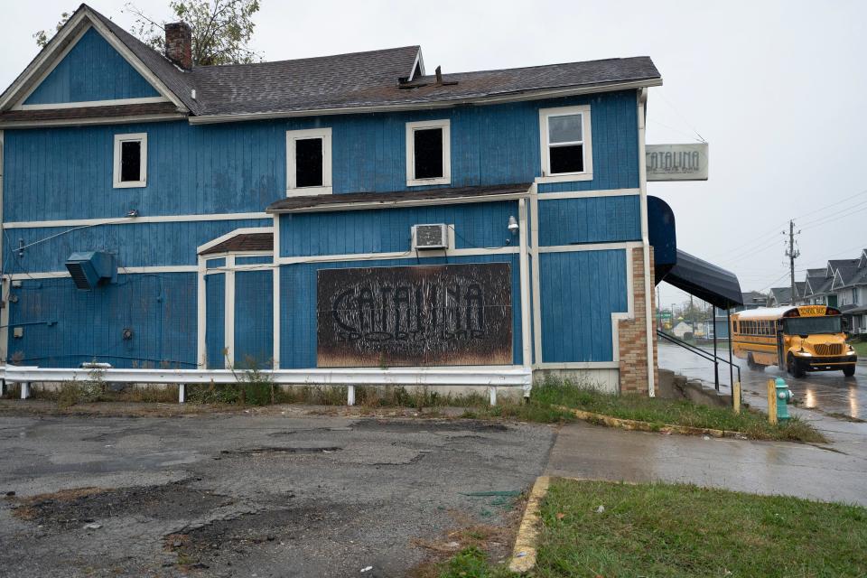 A fire was in the backside of this building at 3032 E. Washington St., Thursday, Oct. 19, 2023. The former Catalina Sports Bar is across the street from Purdue Polytechnic High School.