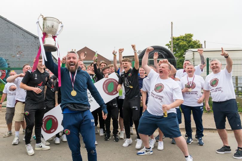 Kevin McNaughton celebrates with Dundee North End winning the East Region Midlands League