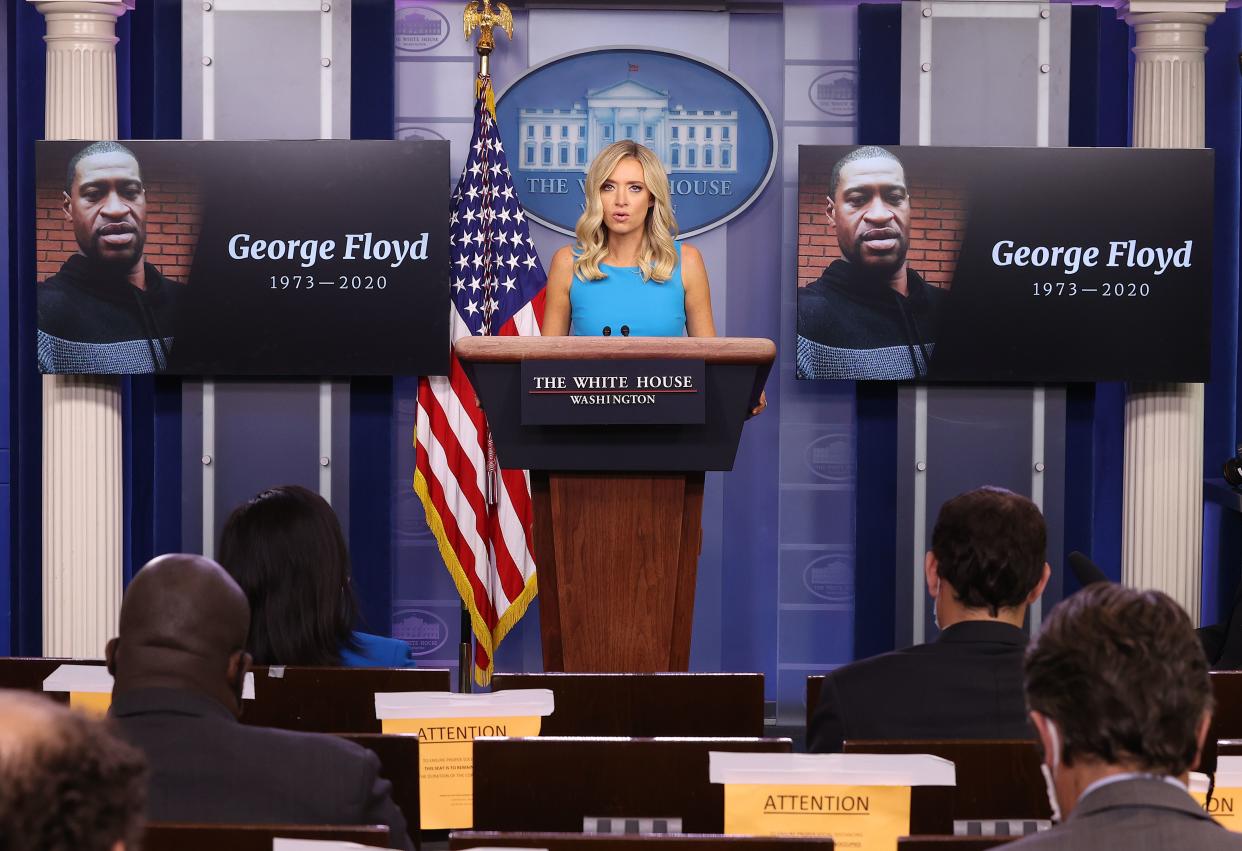 White House Press Secretary Kayleigh McEnany answers questions from reporters during a news conference in the Brady Press Briefing Room at the White House on June 3, 2020 in Washington, DC. Earlier in the day, Defense Secretary Mark Esper broke with President Donald Trump and said that he does not support using active duty military troops on the streets of American cities to quell protests over the death of George Floyd.