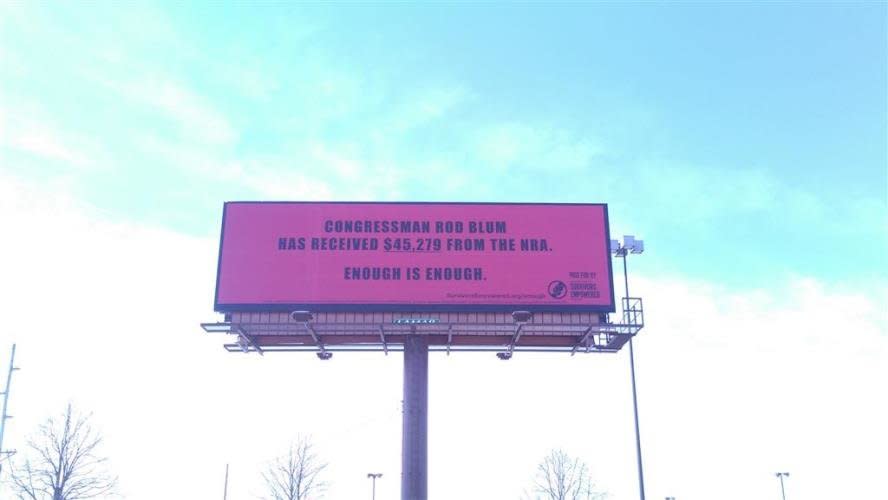 A billboard in Cedar Rapids, Iowa, calls out Rep.&nbsp;Rod Blum&nbsp;(R-Iowa). (Photo: Survivors Empowered)