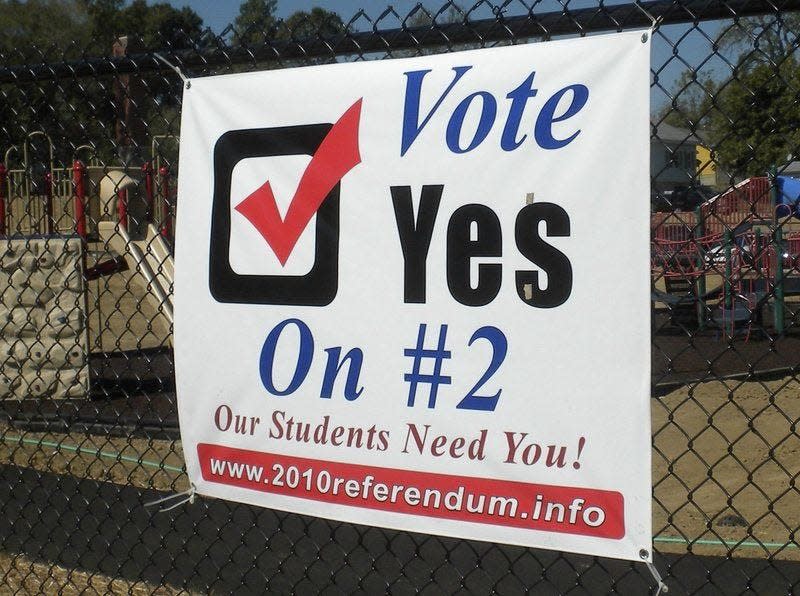 A sign on the playground fence at Fairview Elementary School in 2010 urges support of the MCCSC referendum.