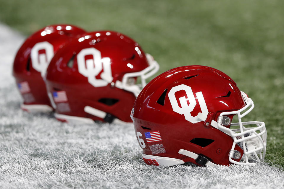 ATLANTA, GEORGIA - DECEMBER 28: Oklahoma Sooners helmets are seen prior to the Chick-fil-A Peach Bowl between the LSU Tigers and the Oklahoma Sooners at Mercedes-Benz Stadium on December 28, 2019 in Atlanta, Georgia. (Photo by Kevin C. Cox/Getty Images)