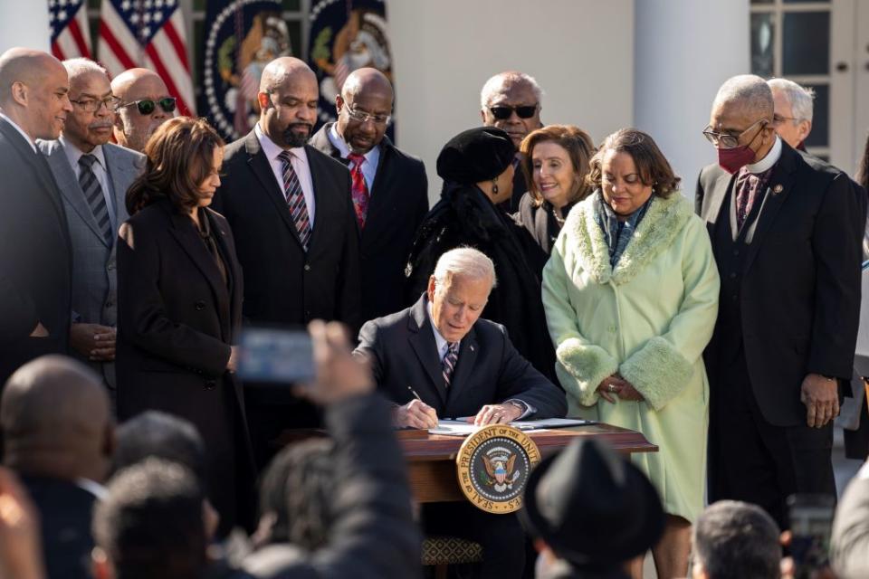 U.S. President Joe Biden signs the Emmett Till Anti-Lynching Act in the Rose Garden of the White House in Washington, D.C., on March 29, 2022.<span class="copyright">Liu Jie—Xinhua News Agency via Getty Images</span>