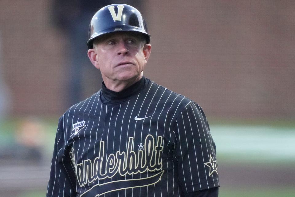 Vanderbilt head coach Tim Corbin watches his team during the third inning of the game against Tennessee at Hawkins Field Friday, April 1, 2022 in Nashville, Tenn. 