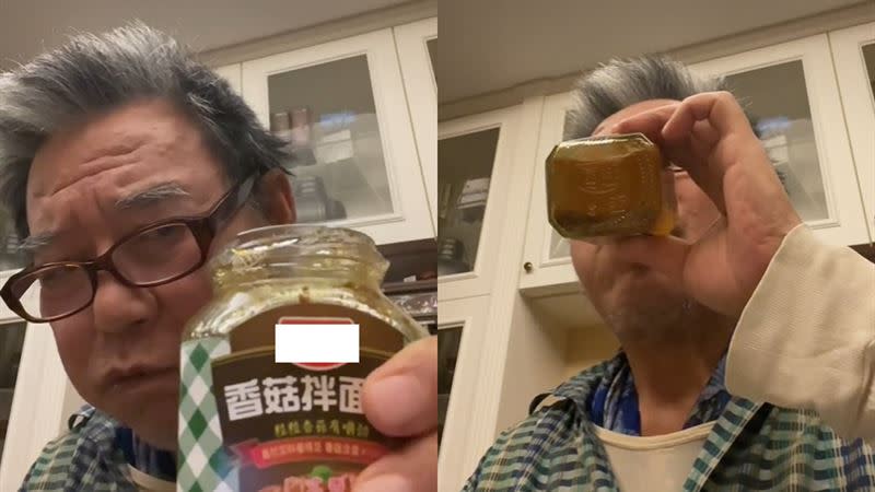 李立群狂發抖音，甚至示範喝香菇拌麵醬，讓中國網友擔心他是不是悶壞了。（圖／翻攝自 李立群 抖音）