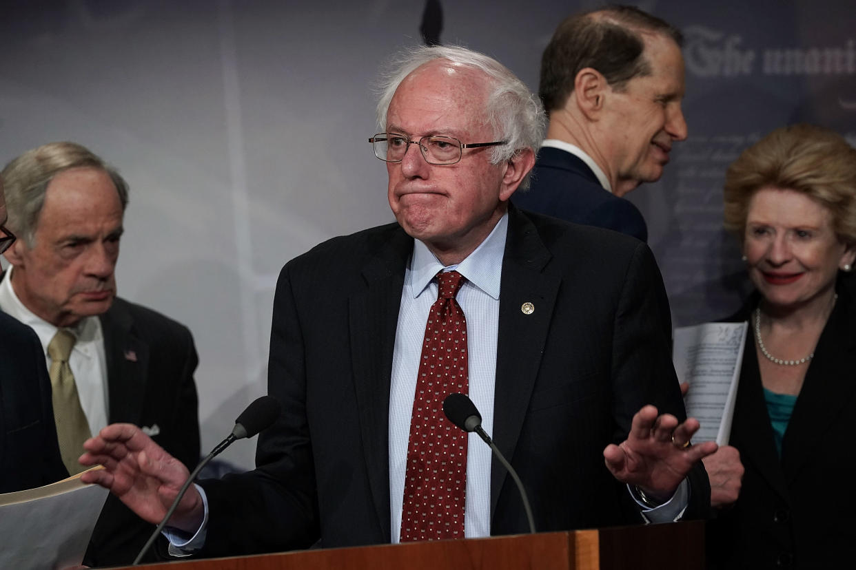 Sen. Bernie Sanders (I-Vt.) speaks at a March 7&nbsp;news conference&nbsp;in which Senate Democrats introduced their $1 trillion infrastructure plan. (Photo: Alex Wong/Getty Images)