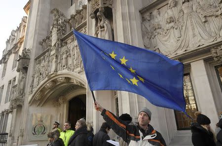 A man waiting to enter the public gallery waves a European Union flag outside the Supreme Court ahead of the challenge against a court ruling that Theresa May's government requires parliamentary approval to start the process of leaving the European Union, in Parliament Square, central London, Britain December 5, 2016. REUTERS/Toby Melville