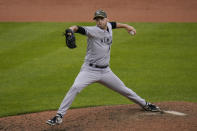 New York Yankees relief pitcher Lucas Luetge throws a pitch to the Baltimore Orioles during the sixth inning of a baseball game, Sunday, May 16, 2021, in Baltimore. (AP Photo/Julio Cortez)