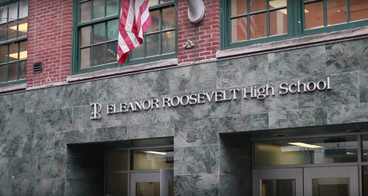 Two students at Eleanor Roosevelt High School in New York City were suspended for allegedly giving a tampon to a black student that read, ‘[N-word] don’t have rights.” (Screenshot: YouTube/ Eleanor Roosevelt HS)