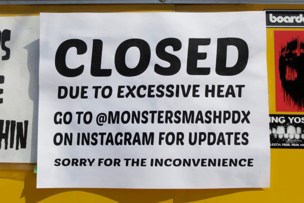 A closed sign is posted outside Rico Loverde’s Monster Smash Burgers food cart in Portland, Ore., on Wednesday, July 27, 2022. (AP Photo/Gillian Flaccus)