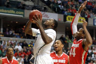 INDIANAPOLIS, IN - MARCH 11: Derrick Nix #25 of the Michigan State Spartans goes up for a shot attempt against William Buford #44 of the Ohio State Buckeyes during the Final Game of the 2012 Big Ten Men's Conference Basketball Tournament at Bankers Life Fieldhouse on March 11, 2012 in Indianapolis, Indiana. (Photo by Andy Lyons/Getty Images)