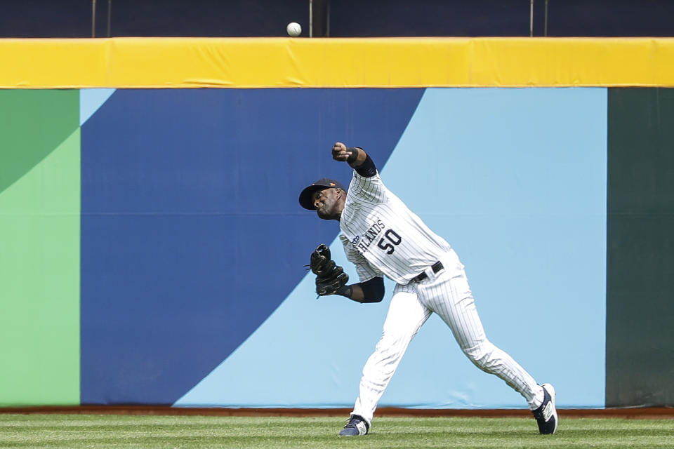 Netherlands outfielder Roger Bernadina throws back the ball during a Pool A game against Panama during the World Baseball Classic (WBC) at the Taichung Intercontinental Baseball Stadium in Taichung, Taiwan, Thursday, March 9, 2023. (AP Photo/I-Hwa Cheng)