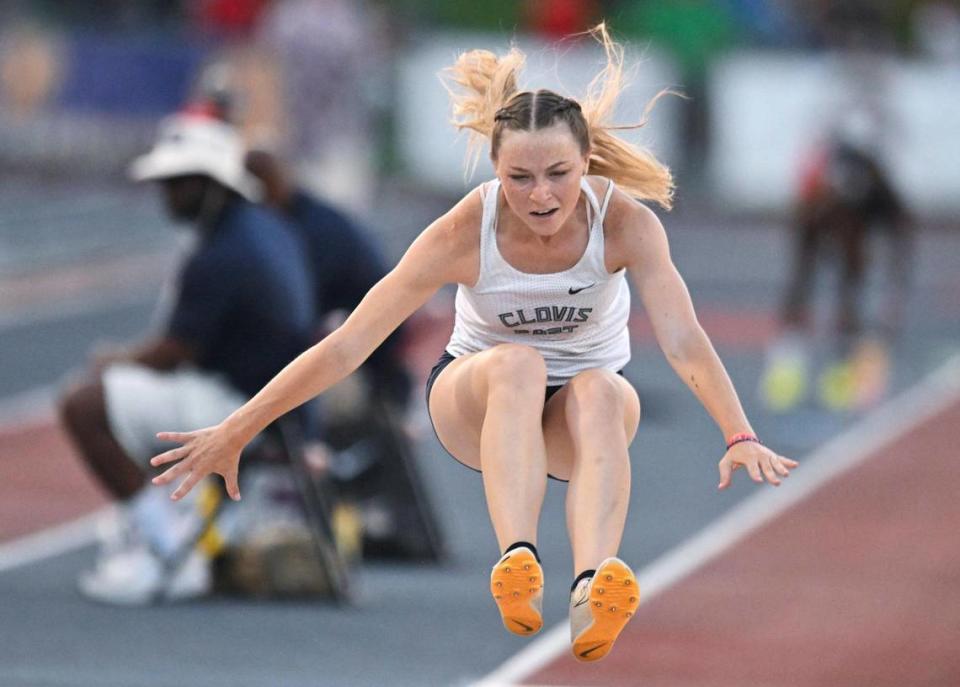 Clovis East’s Alyssa Murillo in the Girls Triple Jump at the 2023 CIF California Track & Field State Championship finals Saturday, May 27, 2023 in Clovis.