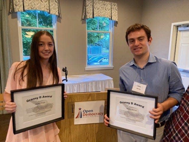 Exeter High School senior Madi Paige and Portsmouth High School junior Miles Borne received Civic Leadership Awards at the Coalition for Open Democracy annual meeting.