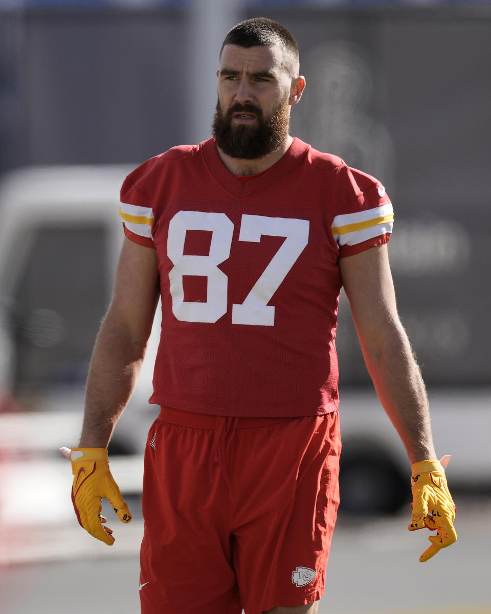 Kansas City Chiefs tight end Travis Kelce waits to practice Wednesday, Feb. 7, 2024 in Henderson, Nev. The Chiefs are scheduled to play the San Francisco 49ers in the NFL's Super Bowl 58 football game Sunday in Las Vegas. (AP Photo/Charlie Riedel)
