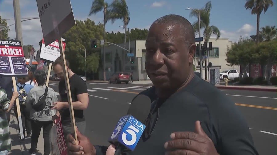 Veteran producer Laurence Andries speaks with KTLA during the Writers Guild strike. Andries has been charged with six felonies related to the sexual assault of a military veteran. The victim spoke to KTLA on March 11, 2024. (KTLA)