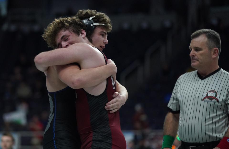Nyack's Sam Szerlip defeats Carmel's Leo Venables 10-8 in the 170-pound third place match at the NYSPHSAA Wrestling Championships at MVP Arena in Albany, on Saturday, February 25, 2023.