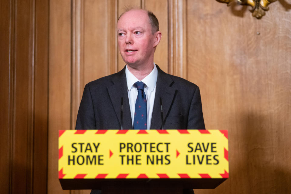 LONDON, ENGLAND - JANUARY 15: Chief Medical Officer Chris Whitty speaks during a media briefing on coronavirus (COVID-19) at Downing Street on January 15, 2021 in London, England. (Photo by Dominic Lipinski - WPA Pool/Getty Images)