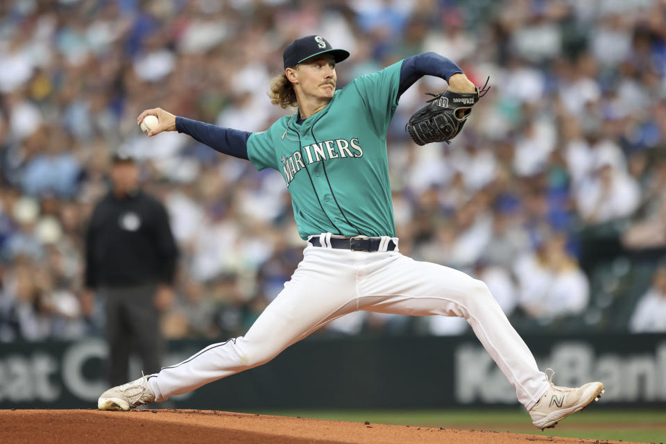 Seattle Mariners starting pitcher Bryce Miller throws during the first inning of a baseball game against the Los Angeles Dodgers, Saturday, Sept. 16, 2023, in Seattle. (AP Photo/Maddy Grassy)